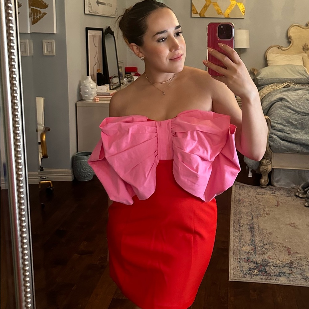 Strapless Pink & Red Bow-Accent Dress